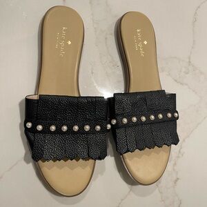 Kate Spade Black Frayed Slide Sandals with Pearl Accents NWT